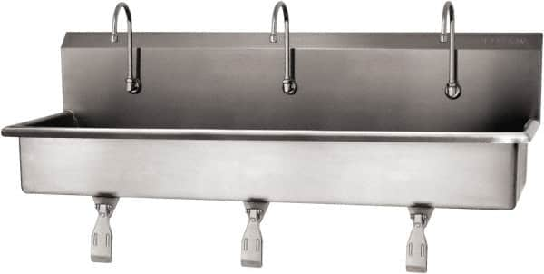 SANI-LAV - 57" Long x 16-1/2" Wide Inside, 1 Compartment, Grade 304 Stainless Steel (3) Person Wash-Station with Single Foot Valves - 16 Gauge, 60" Long x 20" Wide x 18" High Outside, 8" Deep - Americas Industrial Supply