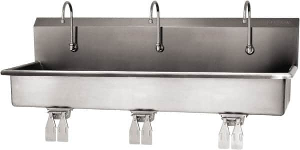 SANI-LAV - 57" Long x 16-1/2" Wide Inside, 1 Compartment, Grade 304 Stainless Steel (3) Person Wash-Station with Double Foot Valves - 16 Gauge, 60" Long x 20" Wide x 18" High Outside, 8" Deep - Americas Industrial Supply