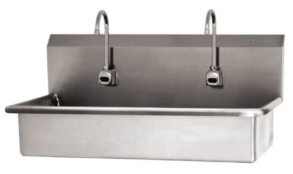 SANI-LAV - 37" Long x 16-1/2" Wide Inside, 1 Compartment, Grade 304 Stainless Steel (2) Person Wash-Station with Electronic Faucet - 16 Gauge, 40" Long x 20" Wide x 18" High Outside, 8" Deep - Americas Industrial Supply