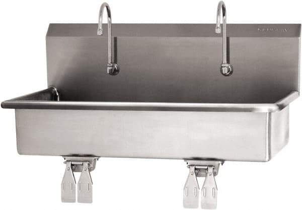 SANI-LAV - 37" Long x 16-1/2" Wide Inside, 1 Compartment, Grade 304 Stainless Steel (2) Person Wash-Station with Double Foot Valves - 16 Gauge, 40" Long x 20" Wide x 18" High Outside, 8" Deep - Americas Industrial Supply