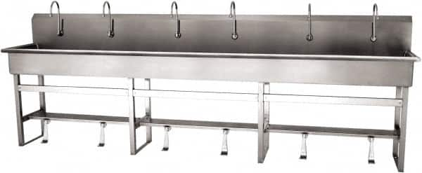 SANI-LAV - 117" Long x 16-1/2" Wide Inside, 1 Compartment, Grade 304 Stainless Steel (6) Person Wash-Station with Single Foot Valves - 16 Gauge, 120" Long x 20" Wide x 45" High Outside, 8" Deep - Americas Industrial Supply