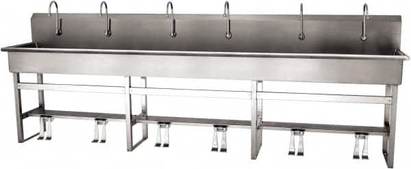 SANI-LAV - 117" Long x 16-1/2" Wide Inside, 1 Compartment, Grade 304 Stainless Steel (6) Person Wash-Station with Double Foot Valves - 16 Gauge, 120" Long x 20" Wide x 45" High Outside, 8" Deep - Americas Industrial Supply