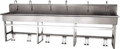 SANI-LAV - 117" Long x 16-1/2" Wide Inside, 1 Compartment, Grade 304 Stainless Steel (6) Person Wash-Station with Double Foot Valves - 16 Gauge, 120" Long x 20" Wide x 45" High Outside, 8" Deep - Americas Industrial Supply