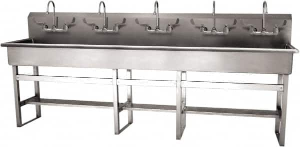 SANI-LAV - 97" Long x 16-1/2" Wide Inside, 1 Compartment, Grade 304 Stainless Steel (5) Person Wash-Station with Manual Faucet - 16 Gauge, 100" Long x 20" Wide x 45" High Outside, 8" Deep - Americas Industrial Supply