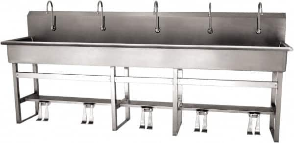 SANI-LAV - 97" Long x 16-1/2" Wide Inside, 1 Compartment, Grade 304 Stainless Steel (5) Person Wash-Station with Double Foot Valves - 16 Gauge, 100" Long x 20" Wide x 45" High Outside, 8" Deep - Americas Industrial Supply