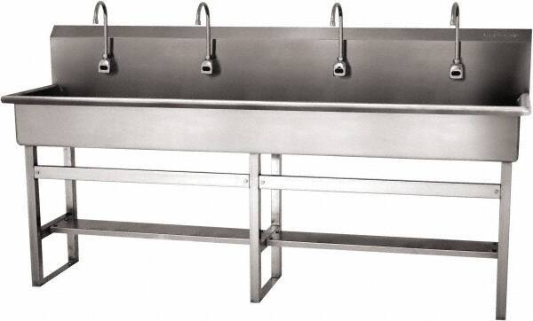 SANI-LAV - 77" Long x 16-1/2" Wide Inside, 1 Compartment, Grade 304 Stainless Steel (4) Person Wash-Station with Electronic Faucet - 16 Gauge, 80" Long x 20" Wide x 45" High Outside, 8" Deep - Americas Industrial Supply