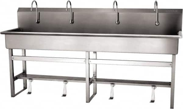 SANI-LAV - 77" Long x 16-1/2" Wide Inside, 1 Compartment, Grade 304 Stainless Steel (5) Person Wash-Station with Single Foot Valves - 16 Gauge, 80" Long x 20" Wide x 45" High Outside, 8" Deep - Americas Industrial Supply