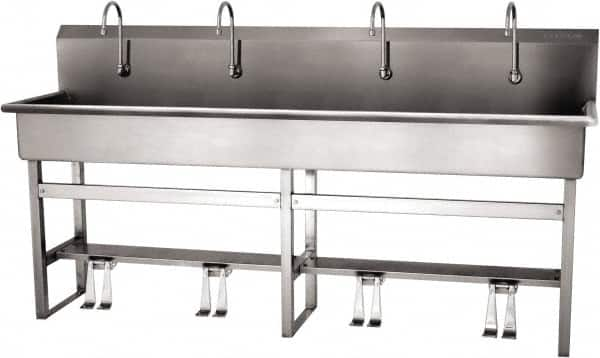 SANI-LAV - 77" Long x 16-1/2" Wide Inside, 1 Compartment, Grade 304 Stainless Steel (5) Person Wash-Station with Double Foot Valves - 16 Gauge, 80" Long x 20" Wide x 45" High Outside, 8" Deep - Americas Industrial Supply