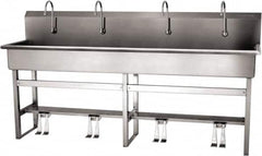 SANI-LAV - 77" Long x 16-1/2" Wide Inside, 1 Compartment, Grade 304 Stainless Steel (5) Person Wash-Station with Double Foot Valves - 16 Gauge, 80" Long x 20" Wide x 45" High Outside, 8" Deep - Americas Industrial Supply