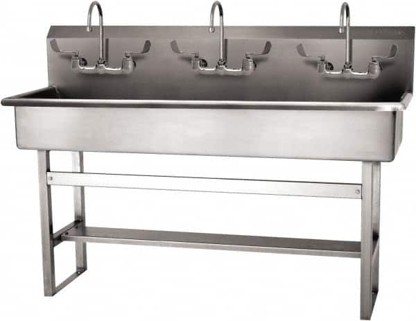 SANI-LAV - 57" Long x 16-1/2" Wide Inside, 1 Compartment, Grade 304 Stainless Steel (4) Person Wash-Station with Manual Faucet - 16 Gauge, 60" Long x 20" Wide x 45" High Outside, 8" Deep - Americas Industrial Supply