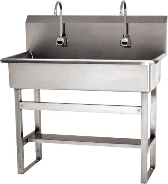 SANI-LAV - 37" Long x 16-1/2" Wide Inside, 1 Compartment, Grade 304 Stainless Steel (3) Person Wash-Station with Electronic Faucet - 16 Gauge, 40" Long x 20" Wide x 45" High Outside, 8" Deep - Americas Industrial Supply