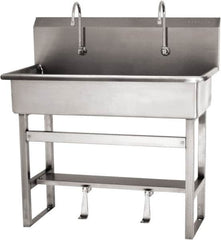 SANI-LAV - 37" Long x 16-1/2" Wide Inside, 1 Compartment, Grade 304 Stainless Steel (3) Person Wash-Station with Single Foot Valves - 16 Gauge, 40" Long x 20" Wide x 45" High Outside, 8" Deep - Americas Industrial Supply