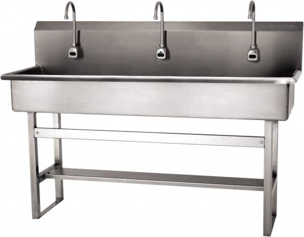 SANI-LAV - 57" Long x 16-1/2" Wide Inside, 1 Compartment, Grade 304 Stainless Steel (4) Person Wash-Station with Electronic Faucet - 16 Gauge, 60" Long x 20" Wide x 45" High Outside, 8" Deep - Americas Industrial Supply