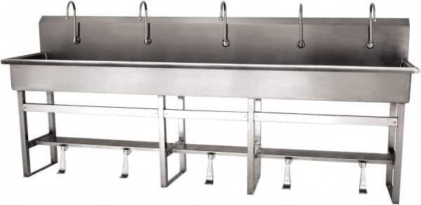 SANI-LAV - 97" Long x 16-1/2" Wide Inside, 1 Compartment, Grade 304 Stainless Steel (5) Person Wash-Station with Single Foot Valves - 16 Gauge, 100" Long x 20" Wide x 45" High Outside, 8" Deep - Americas Industrial Supply