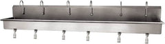 SANI-LAV - 117" Long x 16-1/2" Wide Inside, 1 Compartment, Grade 304 Stainless Steel (6) Person Wash-Station with Single Foot Valves - 16 Gauge, 120" Long x 20" Wide x 18" High Outside, 8" Deep - Americas Industrial Supply