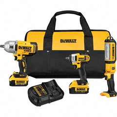 DeWALT - 20 Volt Cordless Tool Combination Kit - Includes 1/2" Impact Wrench, 3/8" Impact Wrench & Handheld Light, Lithium-Ion Battery Included - Americas Industrial Supply