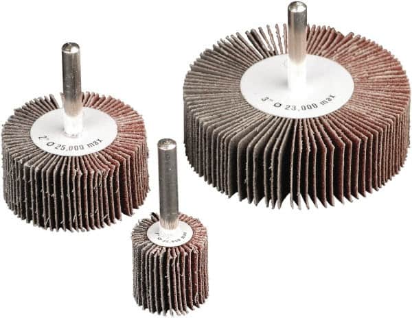 Camel Grinding Wheels - 3" Diam x 2" Face Width, Medium Aluminum Oxide Coated Mounted Flap Wheel - 1/4" Shank Mount, 40 Grit, X Weighted Cloth Backing, 20,000 Max RPM - Americas Industrial Supply