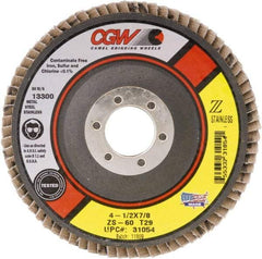 Camel Grinding Wheels - 40 Grit, 4-1/2" Disc Diam, 5/8-11 Center Hole, Type 27 Zirconia Alumina Flap Disc - 13,300 Max RPM, Polyester Backing, Arbor Attaching System, Coated - Americas Industrial Supply