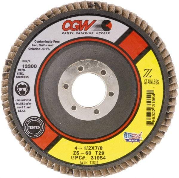 Camel Grinding Wheels - 40 Grit, 4-1/2" Disc Diam, 7/8" Center Hole, Type 29 Zirconia Alumina Flap Disc - 13,300 Max RPM, Polyester Backing, Arbor Attaching System, Coated - Americas Industrial Supply