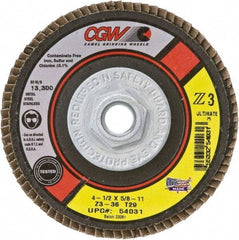 Camel Grinding Wheels - 36 Grit, 4-1/2" Disc Diam, 5/8-11 Center Hole, Type 29 Zirconia Alumina Flap Disc - 13,300 Max RPM, Poly Cotton Backing, Arbor Attaching System, Coated - Americas Industrial Supply