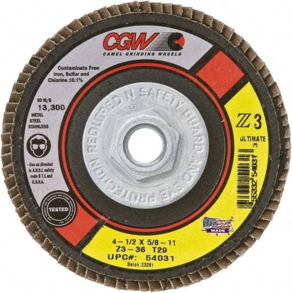 Camel Grinding Wheels - 36 Grit, 4-1/2" Disc Diam, 5/8-11 Center Hole, Type 27 Zirconia Alumina Flap Disc - 13,300 Max RPM, Poly Cotton Backing, Arbor Attaching System, Coated - Americas Industrial Supply
