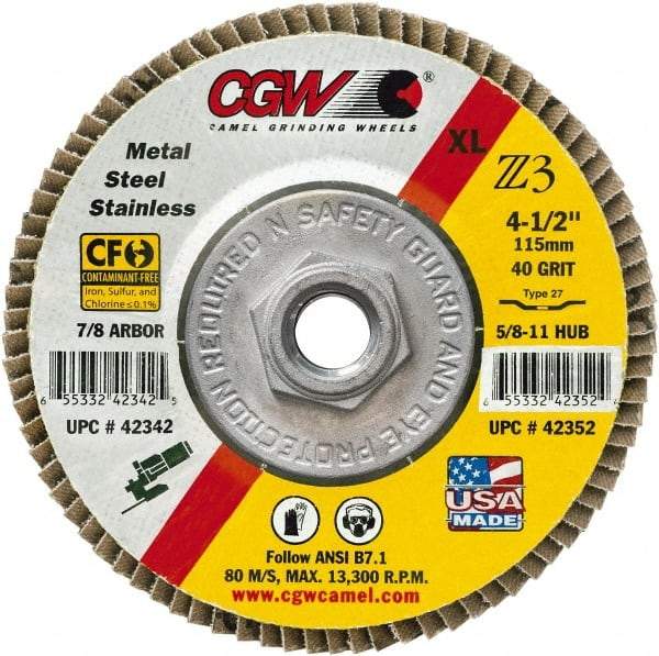 Camel Grinding Wheels - 36 Grit, 6" Disc Diam, 5/8-11 Center Hole, Type 27 Zirconia Alumina Flap Disc - 10,200 Max RPM, Poly Cotton Backing, Arbor Attaching System, Coated - Americas Industrial Supply