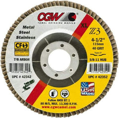 Camel Grinding Wheels - 40 Grit, 4" Disc Diam, 3/8-24 Center Hole, Type 29 Zirconia Alumina Flap Disc - 15,300 Max RPM, Poly Cotton Backing, Arbor Attaching System, Coated - Americas Industrial Supply