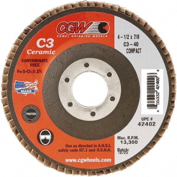 Camel Grinding Wheels - 40 Grit, 7" Disc Diam, 7/8" Center Hole, Type 29 Ceramic Flap Disc - 8,600 Max RPM, Polyester Backing, Arbor Attaching System, Coated - Americas Industrial Supply