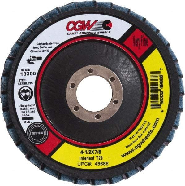 Camel Grinding Wheels - 180 Grit, 4-1/2" Disc Diam, 5/8-11 Center Hole, Type 29 Aluminum Oxide Flap Disc - 13,300 Max RPM, Poly Cotton Backing, Arbor Attaching System, Coated & Non-Woven Combo - Americas Industrial Supply