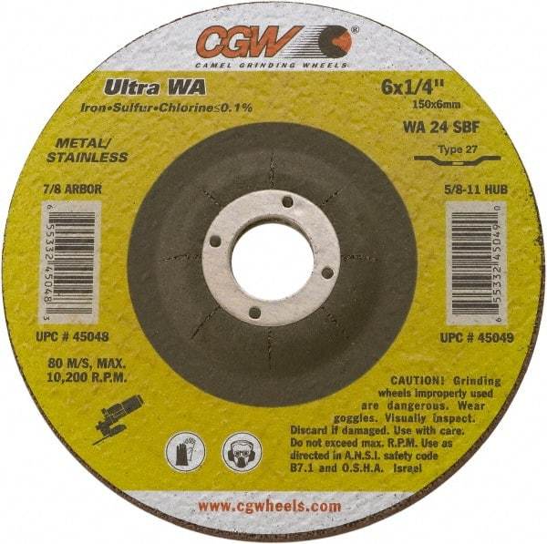 Camel Grinding Wheels - 24 Grit, 7" Wheel Diam, 1/4" Wheel Thickness, Type 27 Depressed Center Wheel - Coarse Grade, Aluminum Oxide, Resinoid Bond, 8,600 Max RPM - Americas Industrial Supply