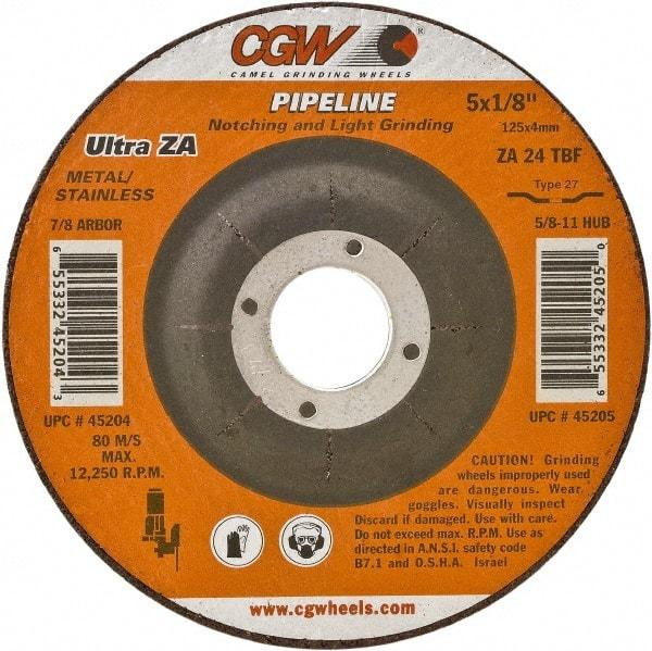 Camel Grinding Wheels - 24 Grit, 7" Wheel Diam, 1/8" Wheel Thickness, 7/8" Arbor Hole, Type 27 Depressed Center Wheel - Coarse Grade, Zirconia Alumina, Resinoid Bond, 8,600 Max RPM - Americas Industrial Supply