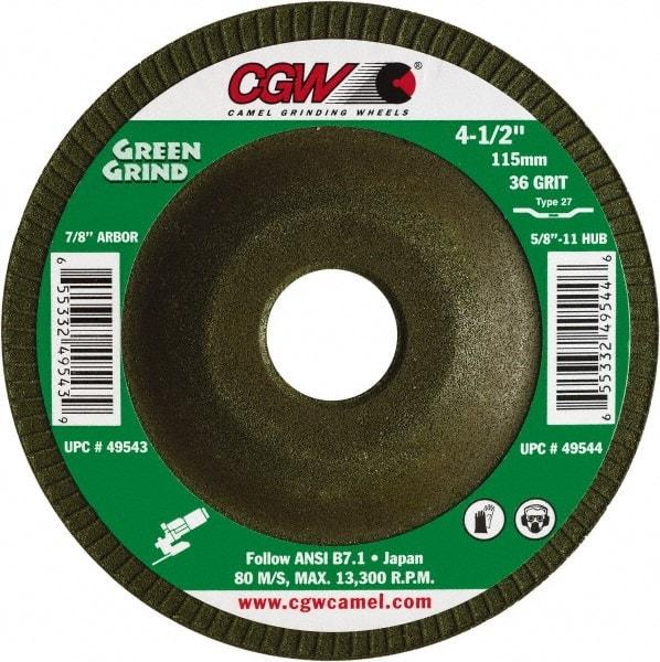 Camel Grinding Wheels - 36 Grit, 7" Wheel Diam, 5/32" Wheel Thickness, 7/8" Arbor Hole, Type 27 Depressed Center Wheel - Medium Grade, Zirconia Alumina, Resinoid Bond, 8,600 Max RPM - Americas Industrial Supply