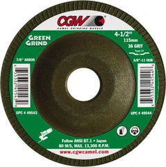 Camel Grinding Wheels - 36 Grit, 4-1/2" Wheel Diam, 5/32" Wheel Thickness, 7/8" Arbor Hole, Type 27 Depressed Center Wheel - Medium Grade, Zirconia Alumina, Resinoid Bond, 13,300 Max RPM - Americas Industrial Supply