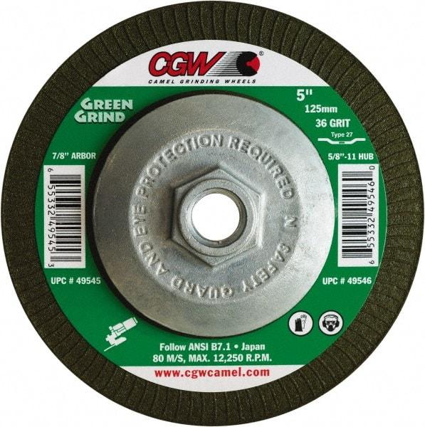 Camel Grinding Wheels - 36 Grit, 7" Wheel Diam, 5/32" Wheel Thickness, Type 27 Depressed Center Wheel - Medium Grade, Zirconia Alumina, Resinoid Bond, 8,600 Max RPM - Americas Industrial Supply