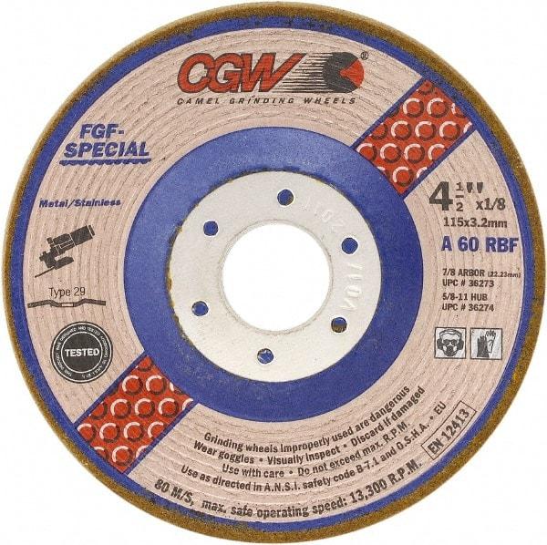 Camel Grinding Wheels - 60 Grit, 4-1/2" Wheel Diam, 1/8" Wheel Thickness, 7/8" Arbor Hole, Type 29 Depressed Center Wheel - Medium Grade, Aluminum Oxide, Resinoid Bond, 13,300 Max RPM - Americas Industrial Supply