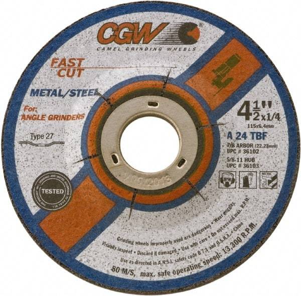 Camel Grinding Wheels - 24 Grit, 4-1/2" Wheel Diam, 1/4" Wheel Thickness, Type 27 Depressed Center Wheel - Coarse Grade, Aluminum Oxide, Resinoid Bond, 13,300 Max RPM - Americas Industrial Supply