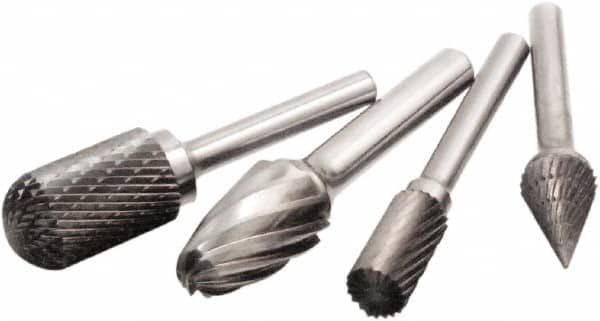 Camel Grinding Wheels - 1/2" Cut Diam, 1/4" Shank Diam, Cone Head Single Cut Burr - Carbide, Point End, 7/8" LOC, 2-3/4" OAL - Americas Industrial Supply