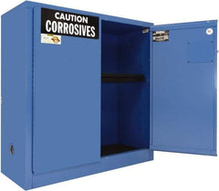 Securall Cabinets - 2 Door, 1 Shelf, Blue Steel Standard Safety Cabinet for Corrosive Chemicals - 44" High x 43" Wide x 18" Deep, Manual Closing Door, 3 Point Key Lock, 30 Gal Capacity - Americas Industrial Supply