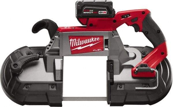 Milwaukee Tool - 18 Volt, 44-7/8" Blade, 380 SFPM Cordless Portable Bandsaw - 5" (Round) & 5 x 5" (Rectangle) Cutting Capacity, Lithium-Ion Battery Included - Americas Industrial Supply