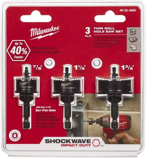 Milwaukee Tool - 3 Piece, 7/8" to 1-3/8" Saw Diam, Impact Rated Hole Saw Kit - Bi-Metal, Toothed Edge, Includes 3 Hole Saws - Americas Industrial Supply