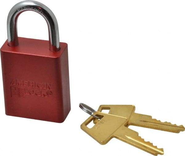 American Lock - Keyed Alike Conductive Lockout Padlock - 1" Shackle Clearance, 1/4" Shackle Diam, 1.8" Body Height x 1-1/2" Body Width, Red, 5 Pins - Americas Industrial Supply