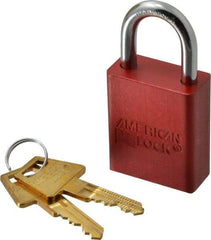 American Lock - Keyed Alike Conductive Lockout Padlock - 1" Shackle Clearance, 1/4" Shackle Diam, 1.8" Body Height x 1-1/2" Body Width, Red, 5 Pins - Americas Industrial Supply