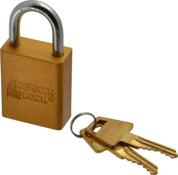 American Lock - Keyed Alike Conductive Lockout Padlock - 1" Shackle Clearance, 1/4" Shackle Diam, 1.8" Body Height x 1-1/2" Body Width, Yellow, 5 Pins - Americas Industrial Supply