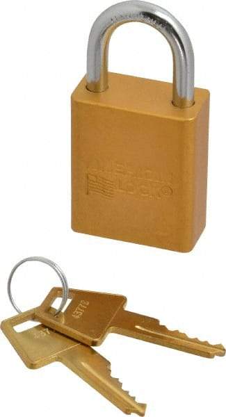 American Lock - Keyed Alike Conductive Lockout Padlock - 1" Shackle Clearance, 1/4" Shackle Diam, 1.8" Body Height x 1-1/2" Body Width, Yellow, 5 Pins - Americas Industrial Supply