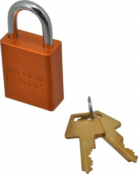 American Lock - Keyed Alike Conductive Lockout Padlock - 1" Shackle Clearance, 1/4" Shackle Diam, 1.8" Body Height x 1-1/2" Body Width, Orange, 5 Pins - Americas Industrial Supply