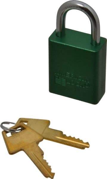 American Lock - Keyed Alike Conductive Lockout Padlock - 1" Shackle Clearance, 1/4" Shackle Diam, 1.8" Body Height x 1-1/2" Body Width, Green, 5 Pins - Americas Industrial Supply