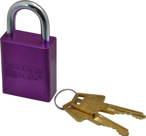 American Lock - Keyed Different Conductive Lockout Padlock - 1" Shackle Clearance, 1/4" Shackle Diam, 1.8" Body Height x 1-1/2" Body Width, Purple, 5 Pins - Americas Industrial Supply