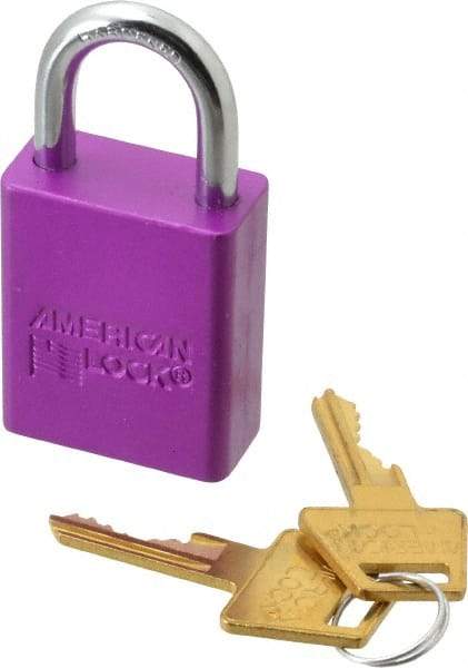 American Lock - Keyed Alike Conductive Lockout Padlock - 1" Shackle Clearance, 1/4" Shackle Diam, 1.8" Body Height x 1-1/2" Body Width, Purple, 5 Pins - Americas Industrial Supply