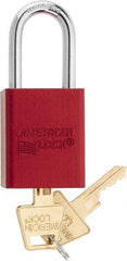 American Lock - Keyed Different Conductive Lockout Padlock - 1-1/2" Shackle Clearance, 1/4" Shackle Diam, 1.8" Body Height x 1-1/2" Body Width, Red, 5 Pins - Americas Industrial Supply