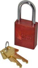 American Lock - Keyed Alike Retaining Key Conductive Lockout Padlock - 1-1/2" Shackle Clearance, 1/4" Shackle Diam, 1.8" Body Height x 1-1/2" Body Width, Red, 5 Pins - Americas Industrial Supply